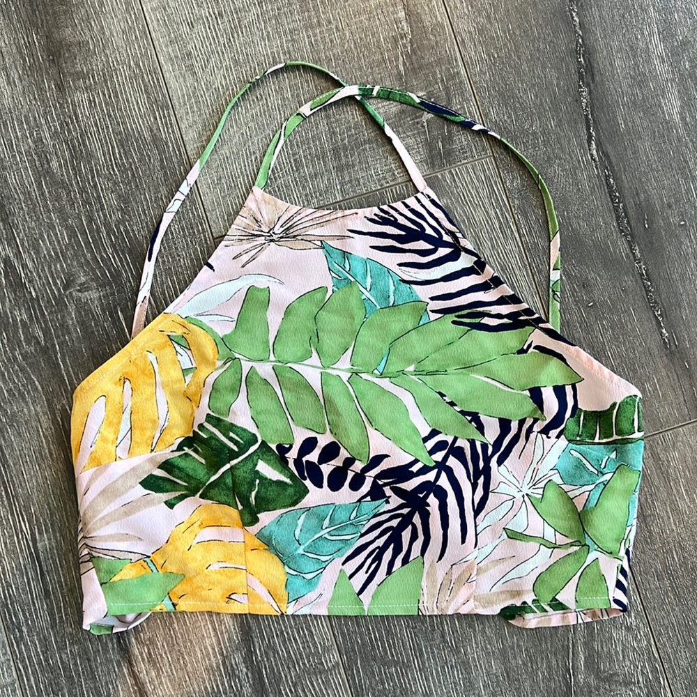 Tropical Printed Girls Halter Top w Tie Back and Adjustable Straps